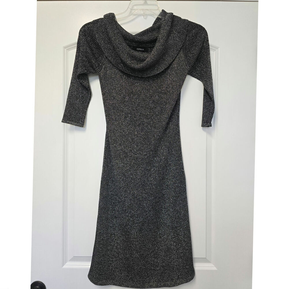 NWT Express Sweater Dress Size Large Black Silver Bodycon Sparkling Cow Neck